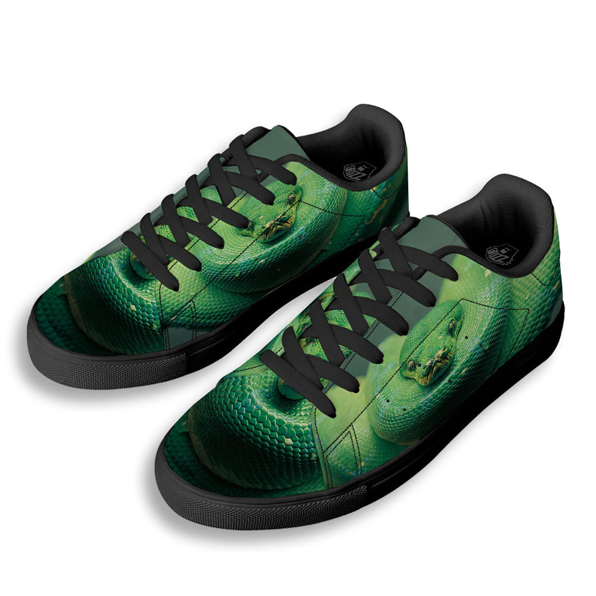 Snake Emerald Tree Boa Print Black Low Top Sneakers-grizzshop