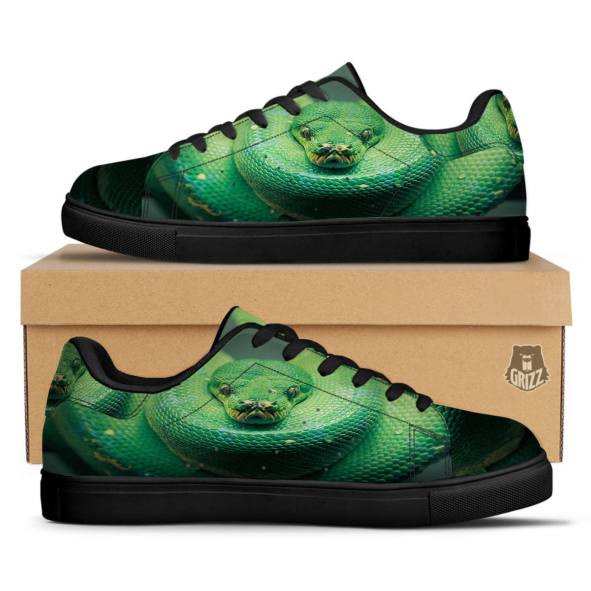 Snake Emerald Tree Boa Print Black Low Top Sneakers-grizzshop