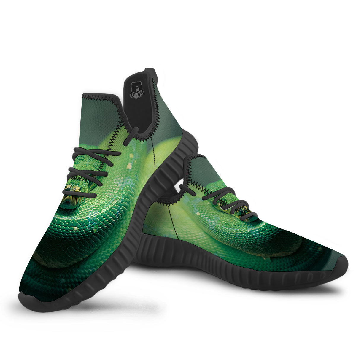 Snake Emerald Tree Boa Print Black Walking Shoes-grizzshop