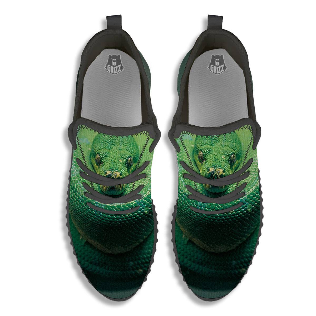 Snake Emerald Tree Boa Print Black Walking Shoes-grizzshop