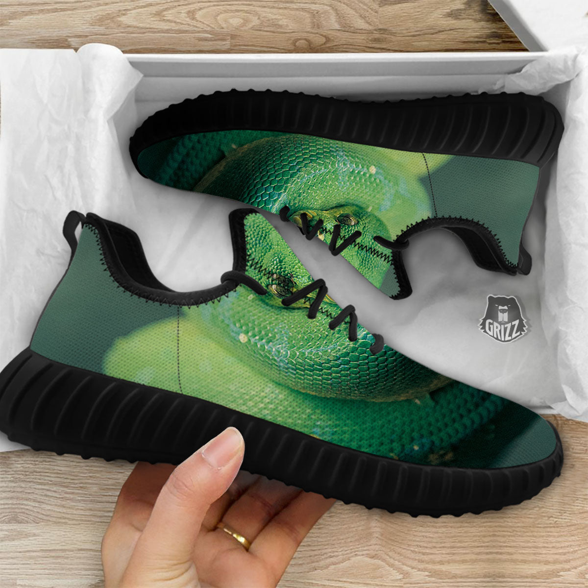 Snake Emerald Tree Boa Print Black Walking Shoes-grizzshop