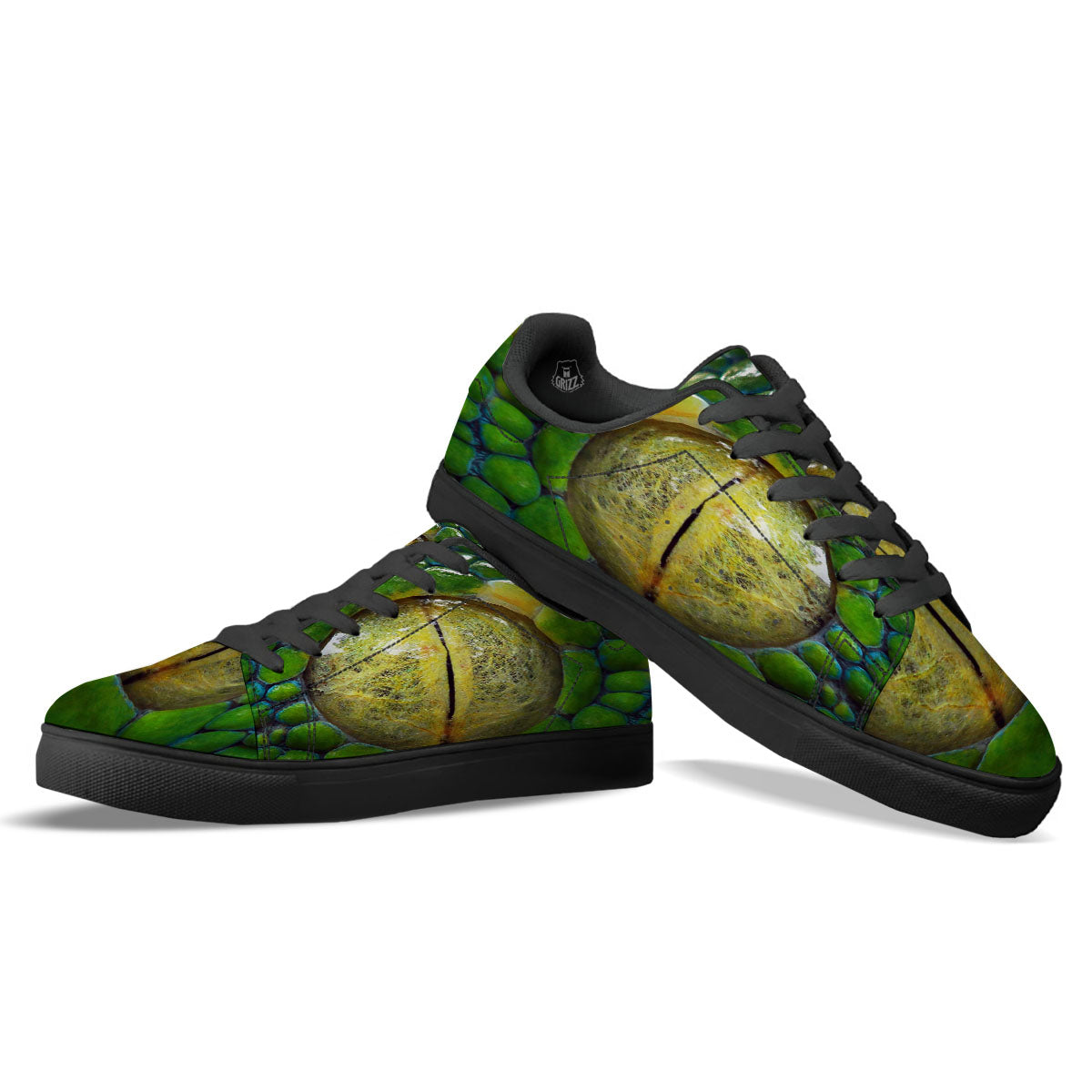 Snake Eye Green Print Black Low Top Sneakers-grizzshop