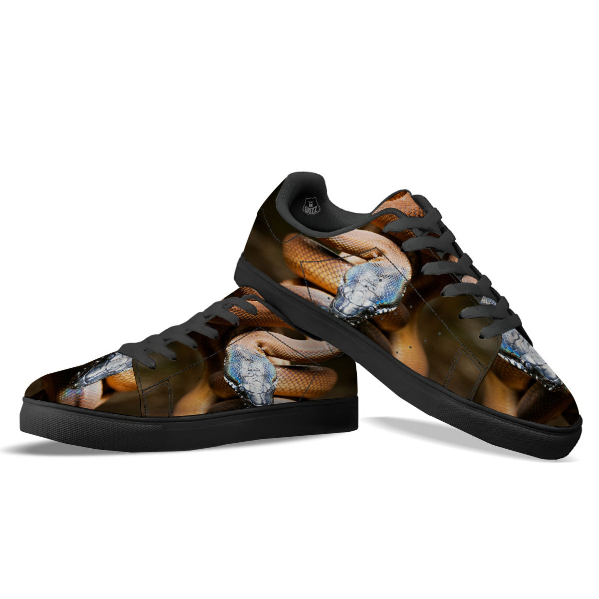 Snake Leiopython Print Black Low Top Sneakers-grizzshop