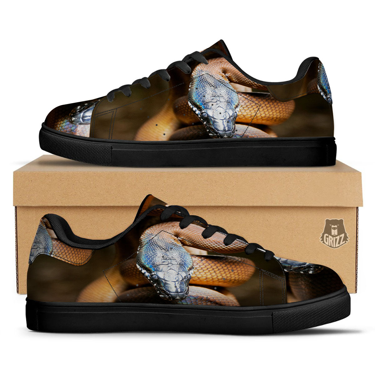 Snake Leiopython Print Black Low Top Sneakers-grizzshop