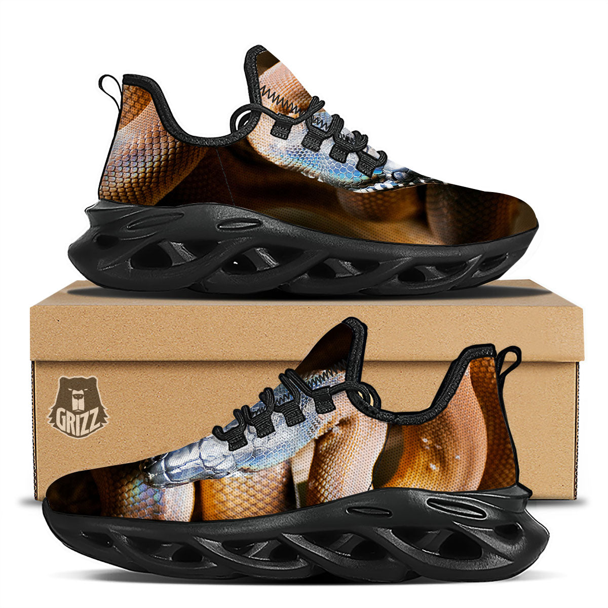 Snake Leiopython Print Black Running Shoes-grizzshop