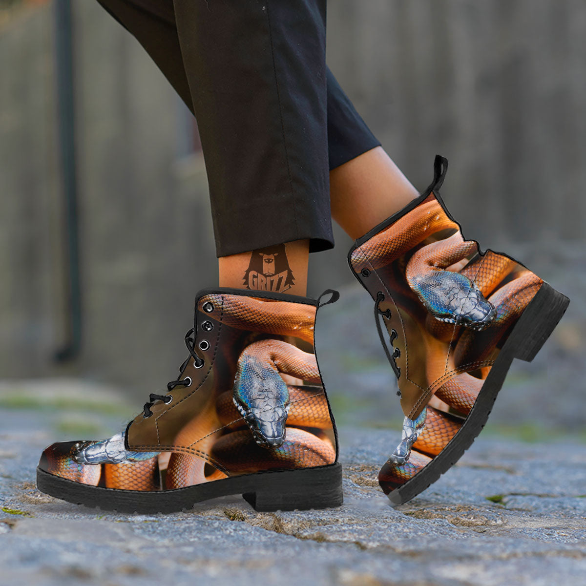 Snake Leiopython Print Leather Boots-grizzshop