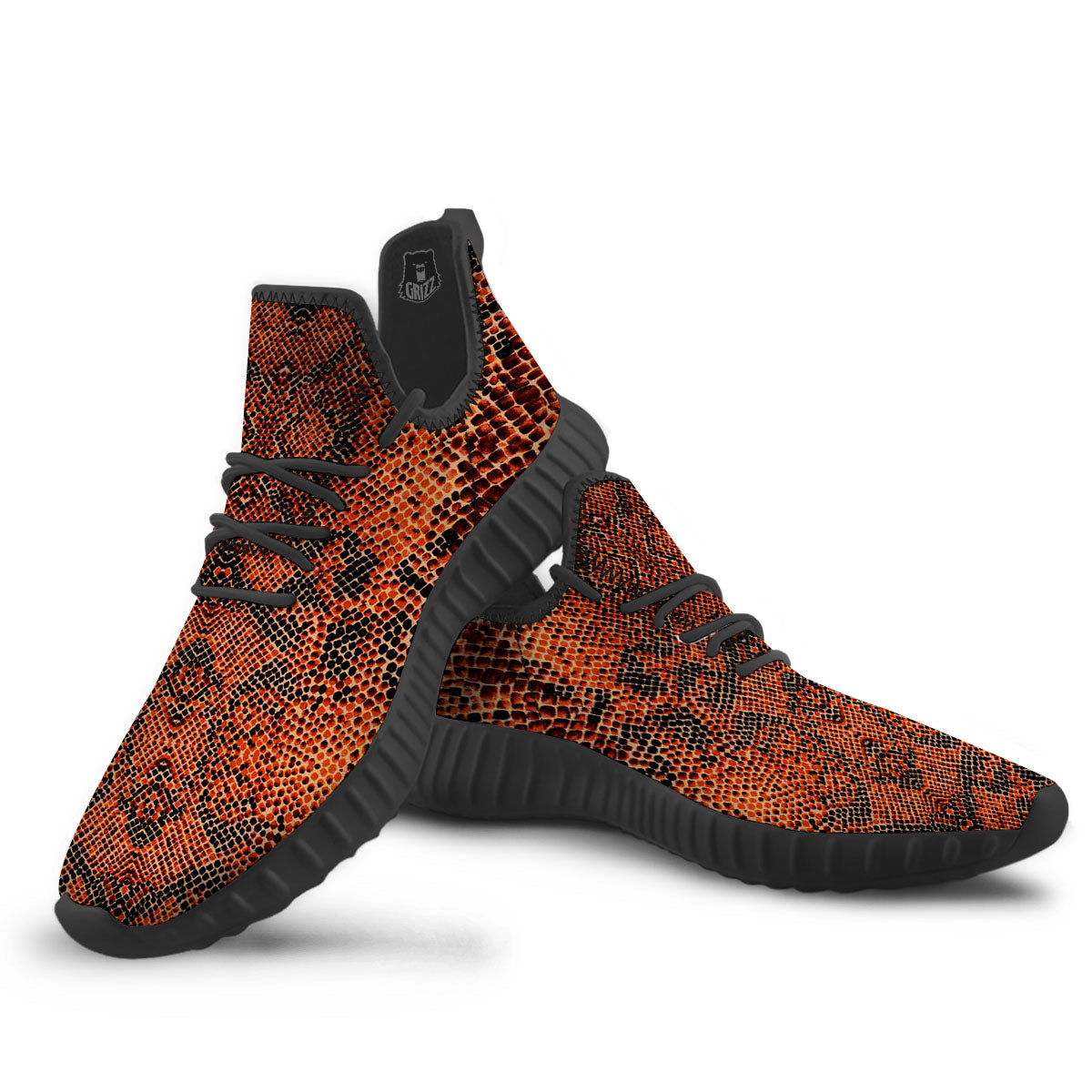Snake Orange Print Pattern Black Walking Shoes-grizzshop