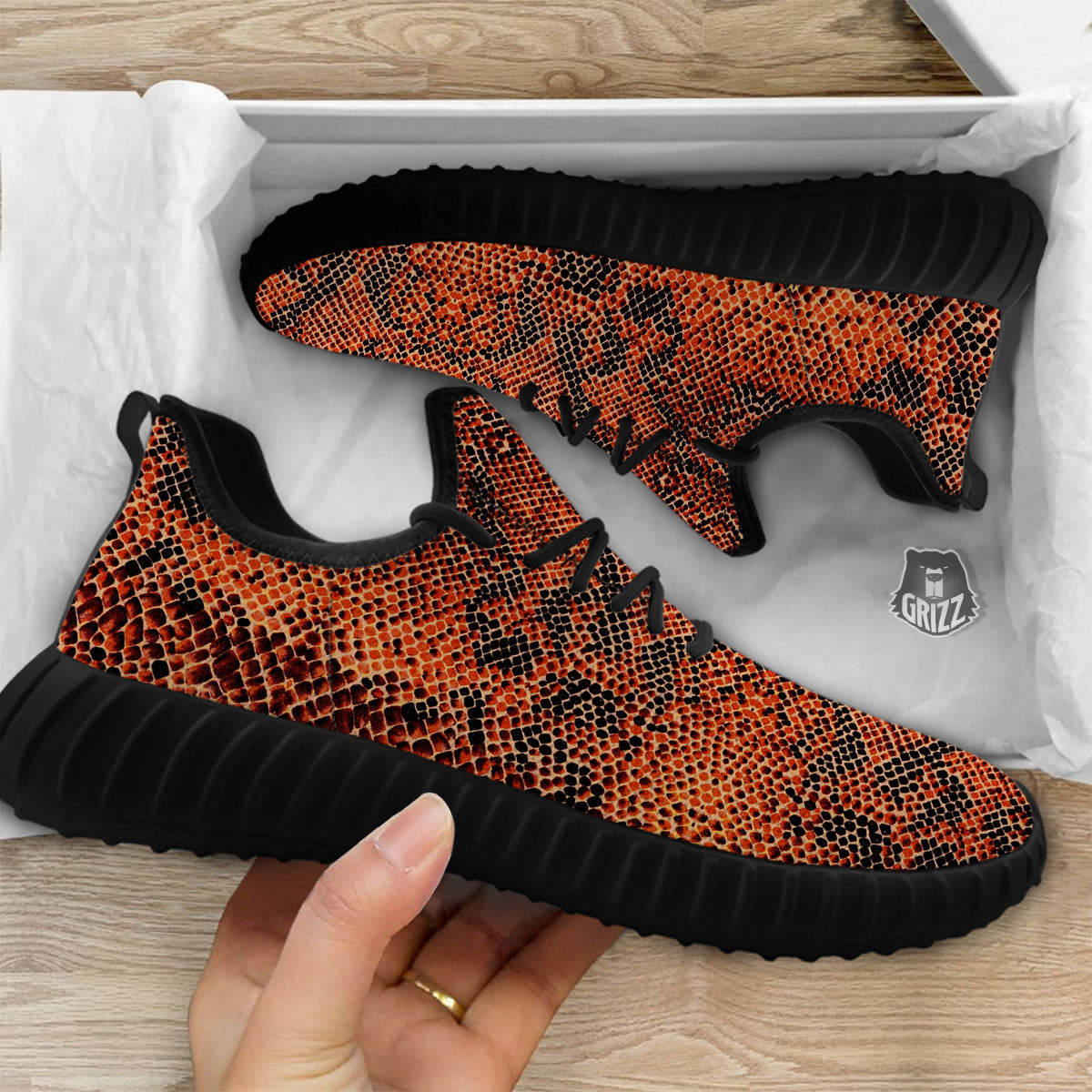 Snake Orange Print Pattern Black Walking Shoes-grizzshop