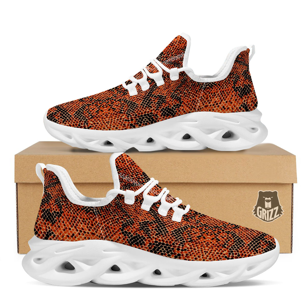 Snake Orange Print Pattern White Running Shoes-grizzshop