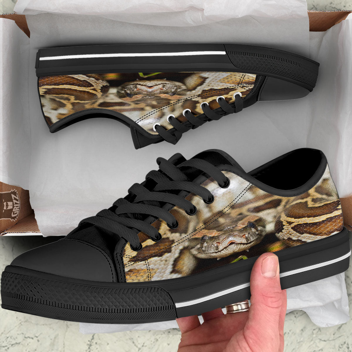 Snake Python Print Black Low Top Shoes-grizzshop