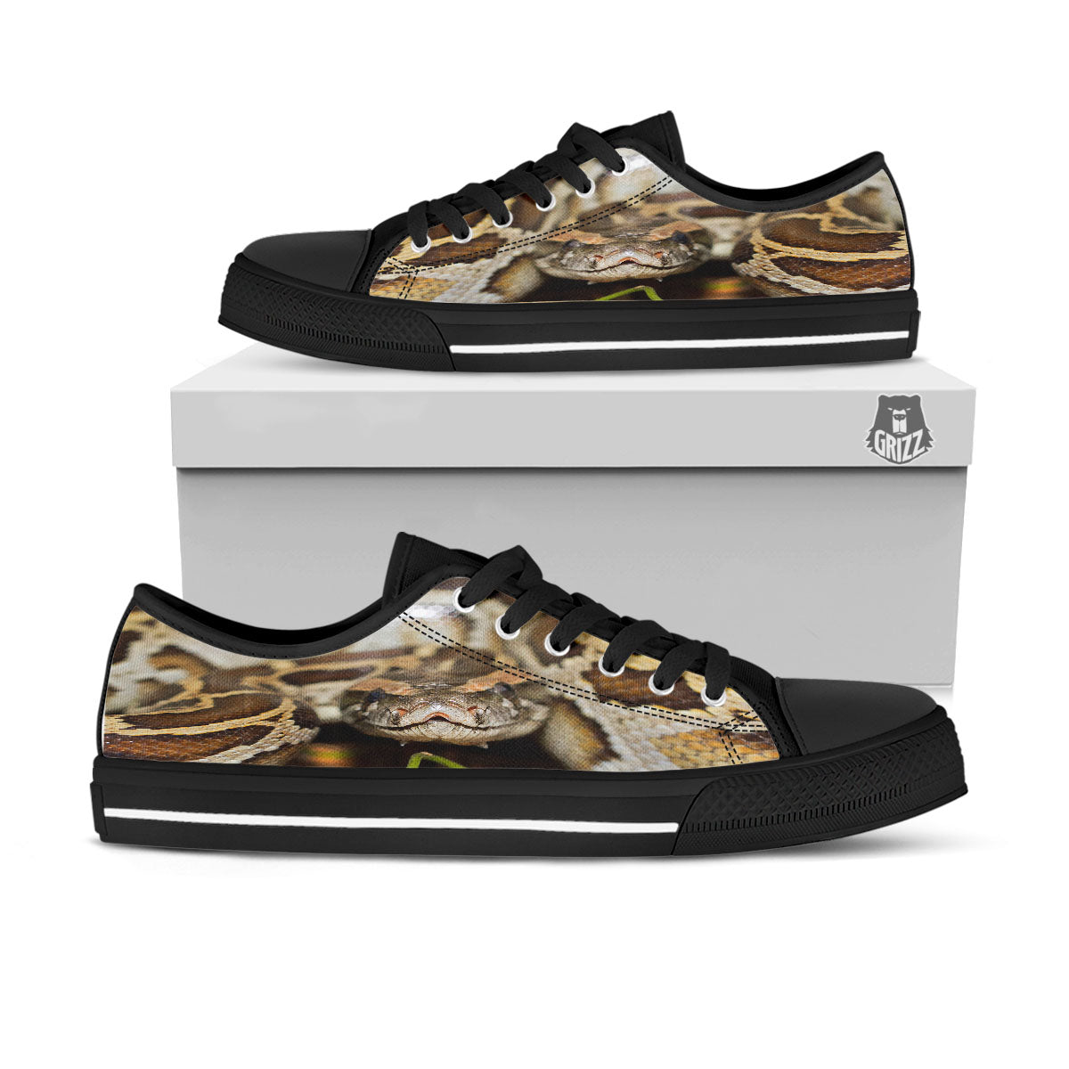 Snake Python Print Black Low Top Shoes-grizzshop