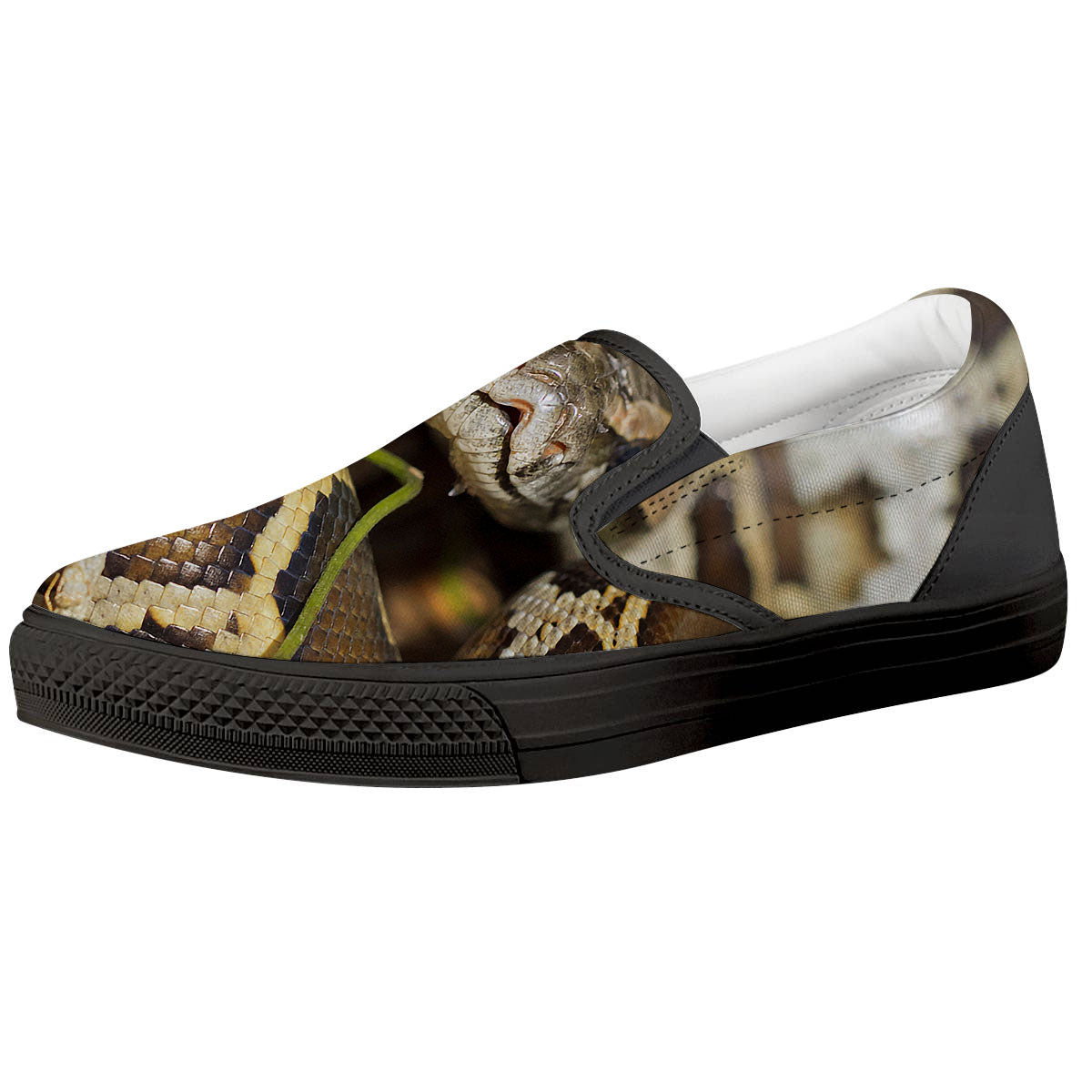 Snake Python Print Black Slip On Shoes-grizzshop