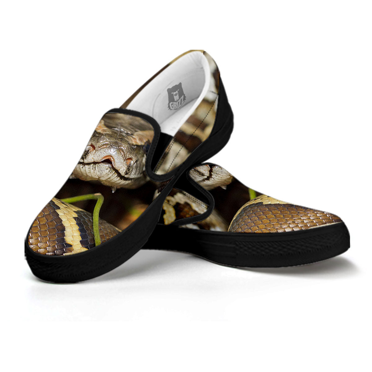 Snake Python Print Black Slip On Shoes-grizzshop