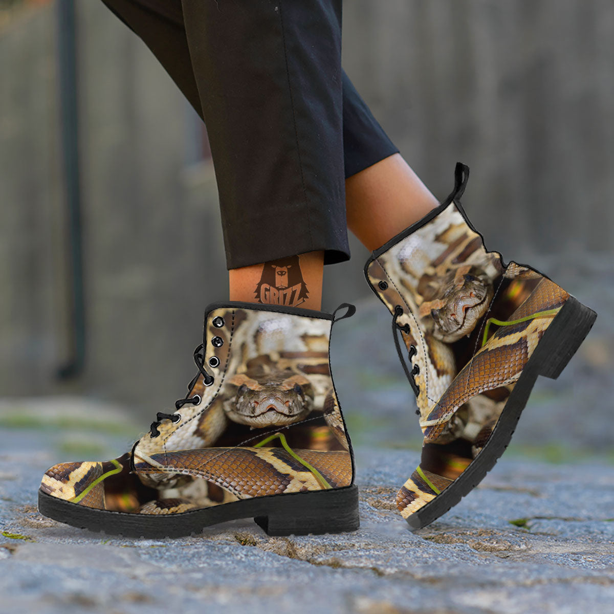 Snake Python Print Leather Boots-grizzshop
