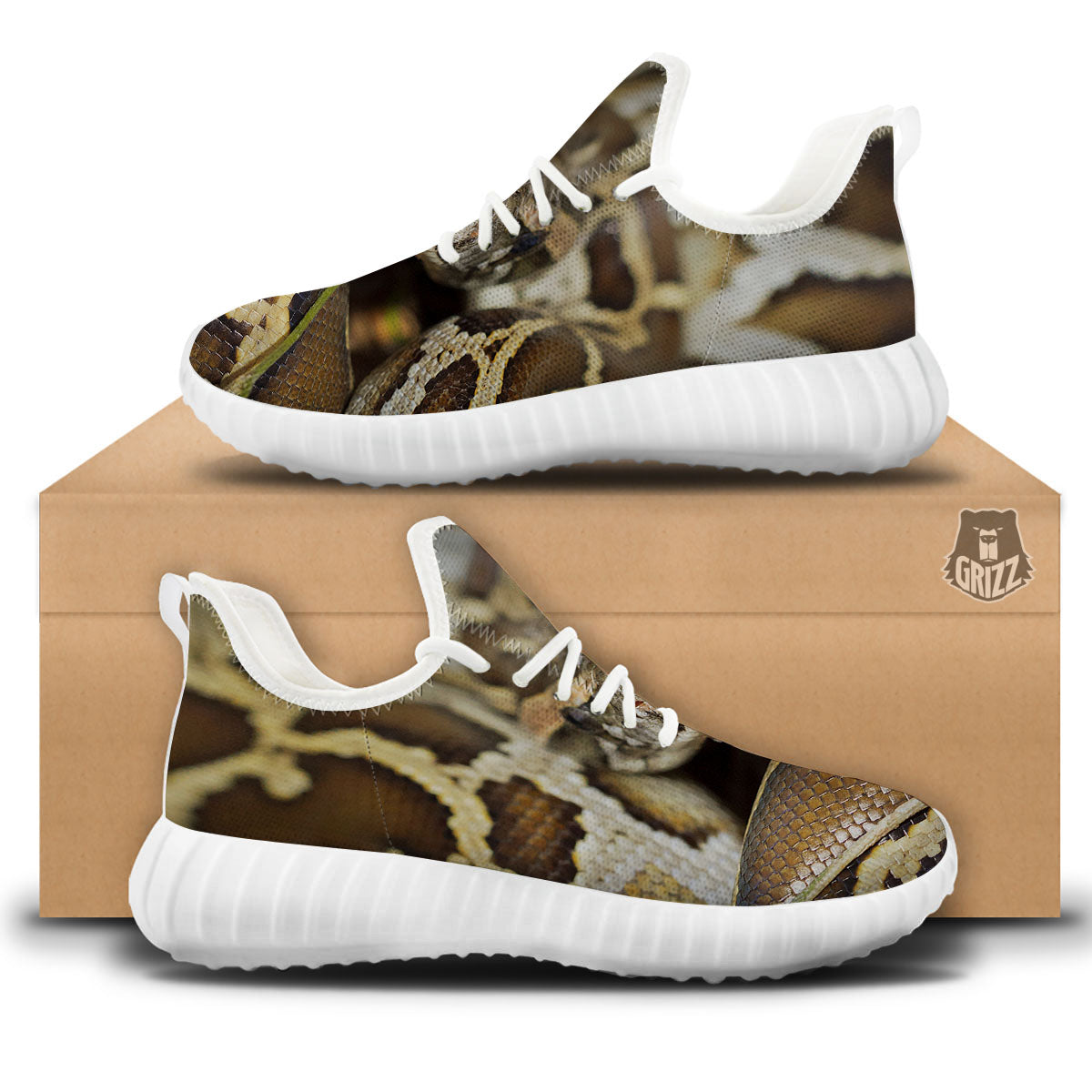 Snake Python Print White Walking Shoes-grizzshop