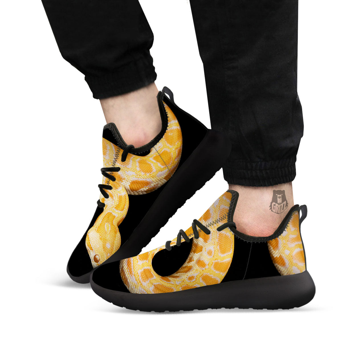 Snake Python Yellow Print Black Athletic Shoes-grizzshop