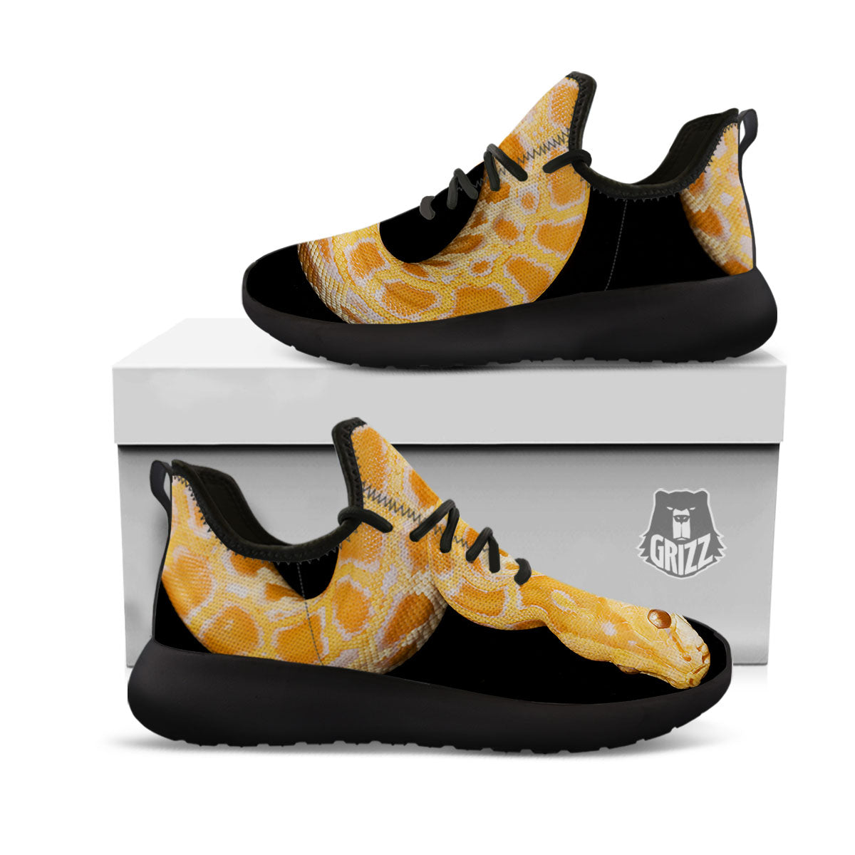 Snake Python Yellow Print Black Athletic Shoes-grizzshop
