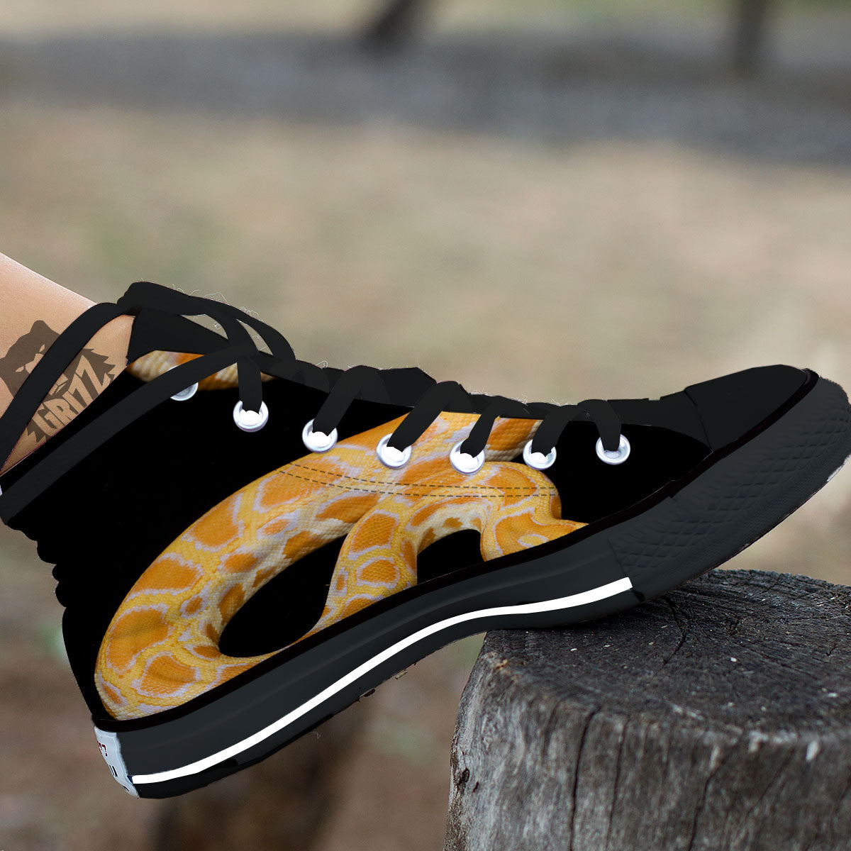 Snake Python Yellow Print Black High Top Shoes-grizzshop