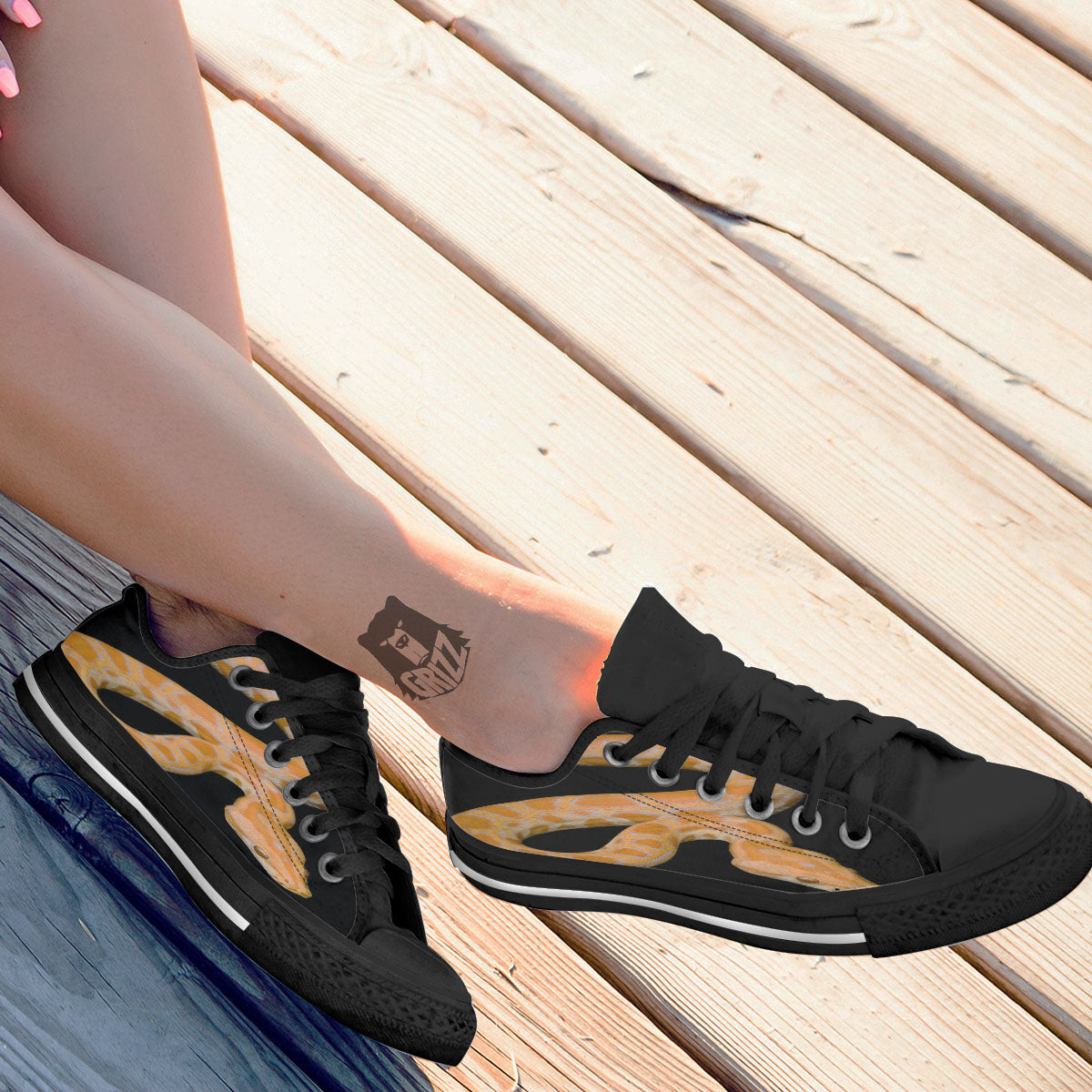 Snake Python Yellow Print Black Low Top Shoes-grizzshop