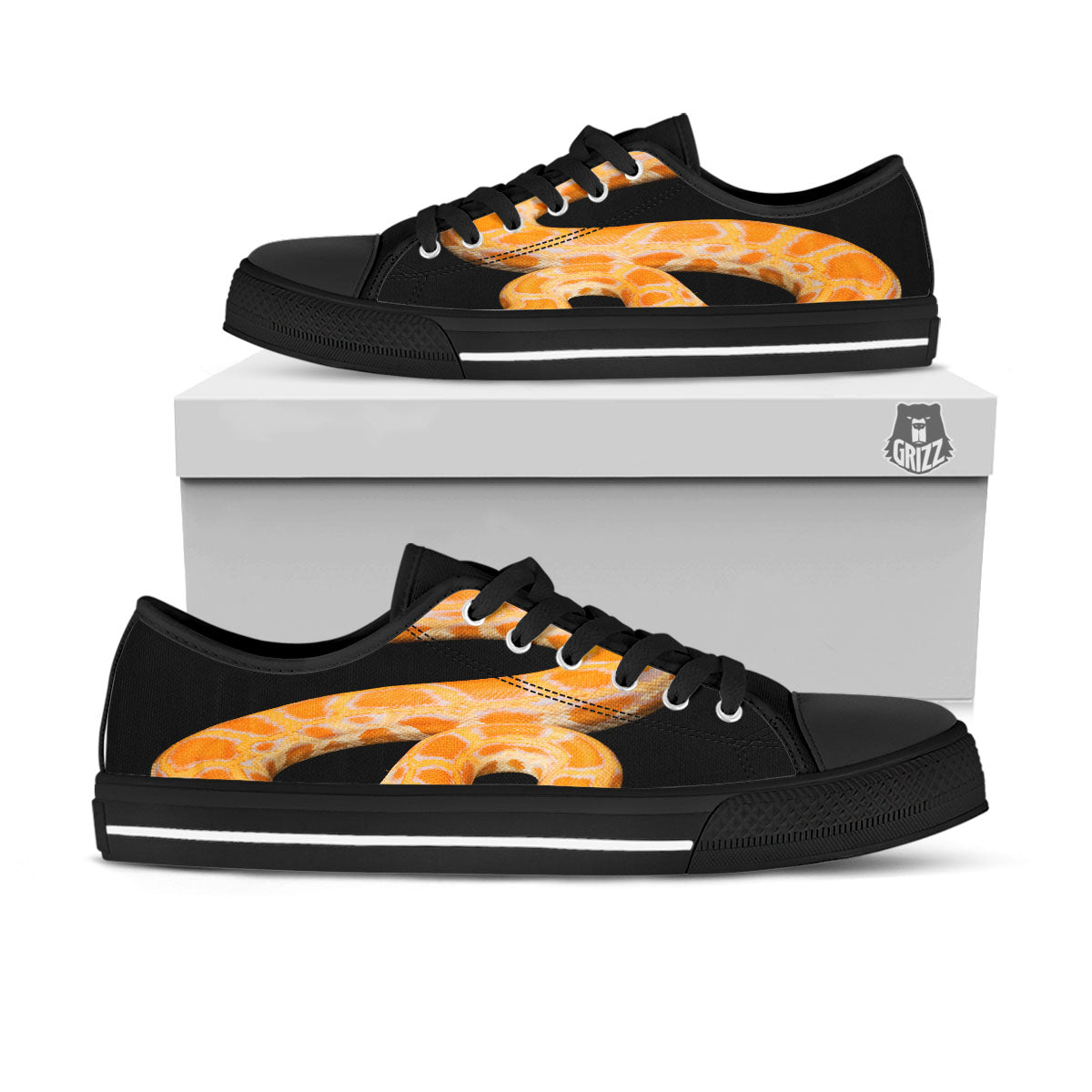 Snake Python Yellow Print Black Low Top Shoes-grizzshop