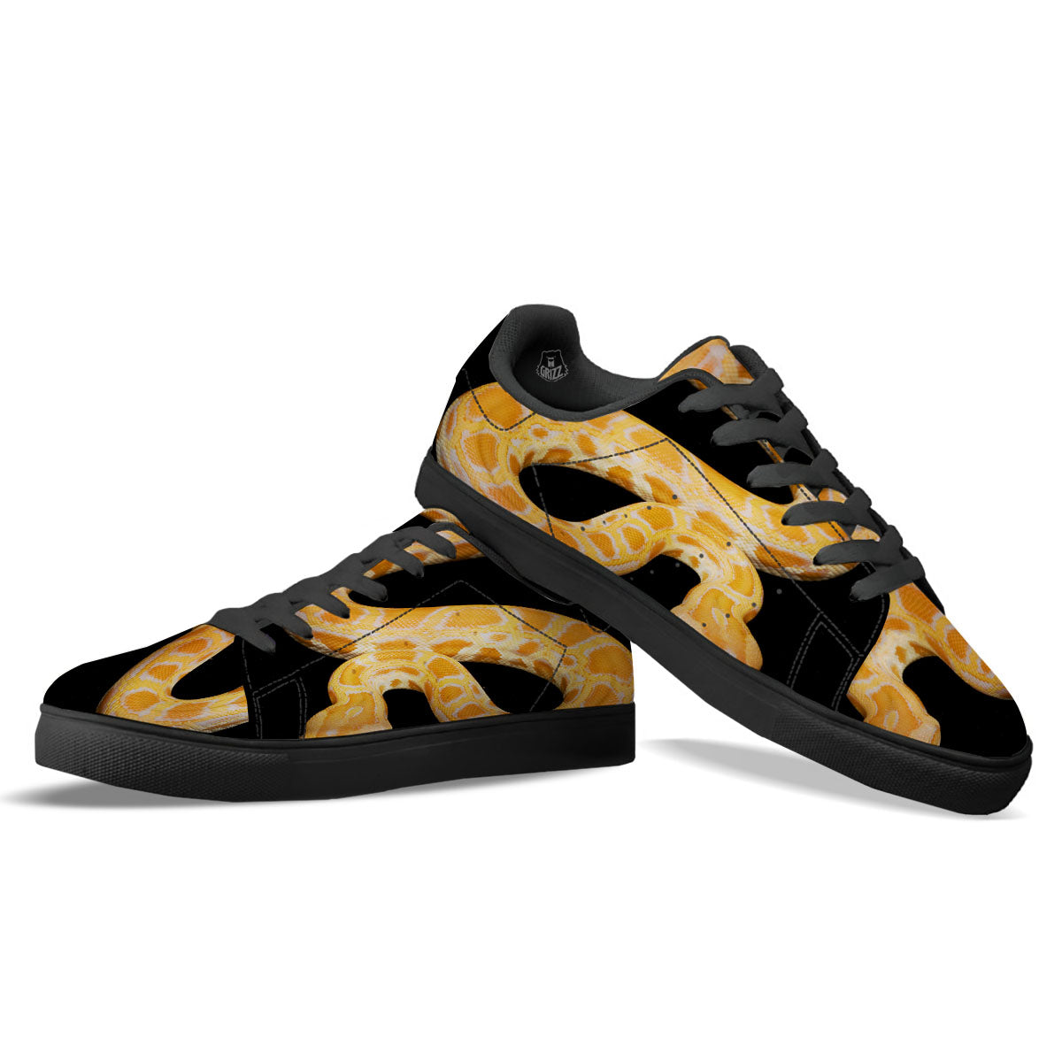 Snake Python Yellow Print Black Low Top Sneakers-grizzshop