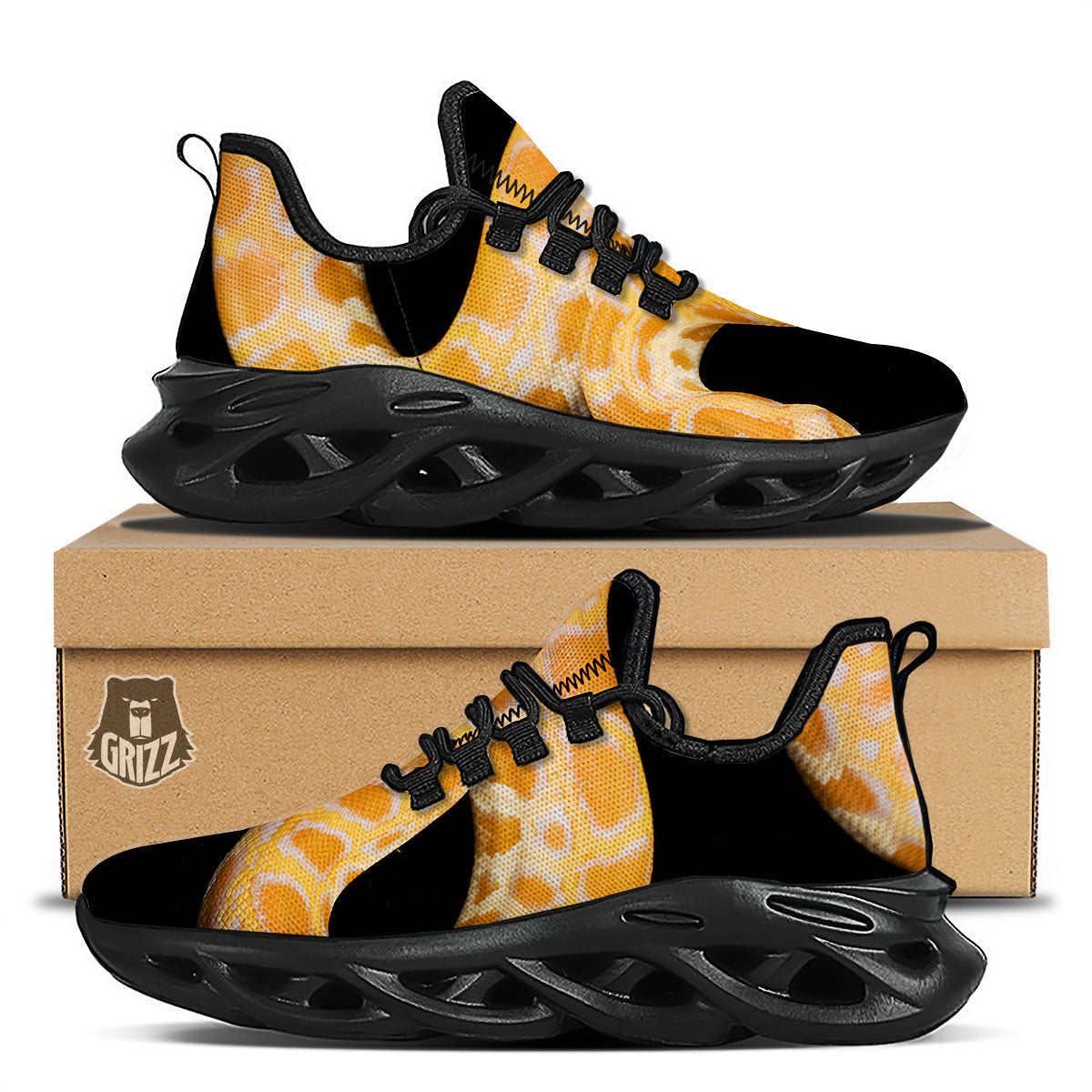 Snake Python Yellow Print Black Running Shoes-grizzshop