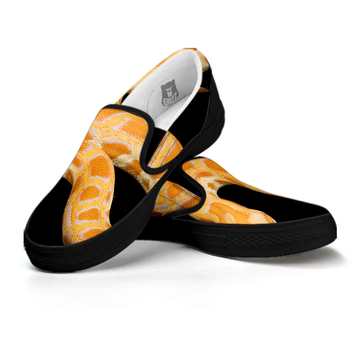Snake Python Yellow Print Black Slip On Shoes-grizzshop