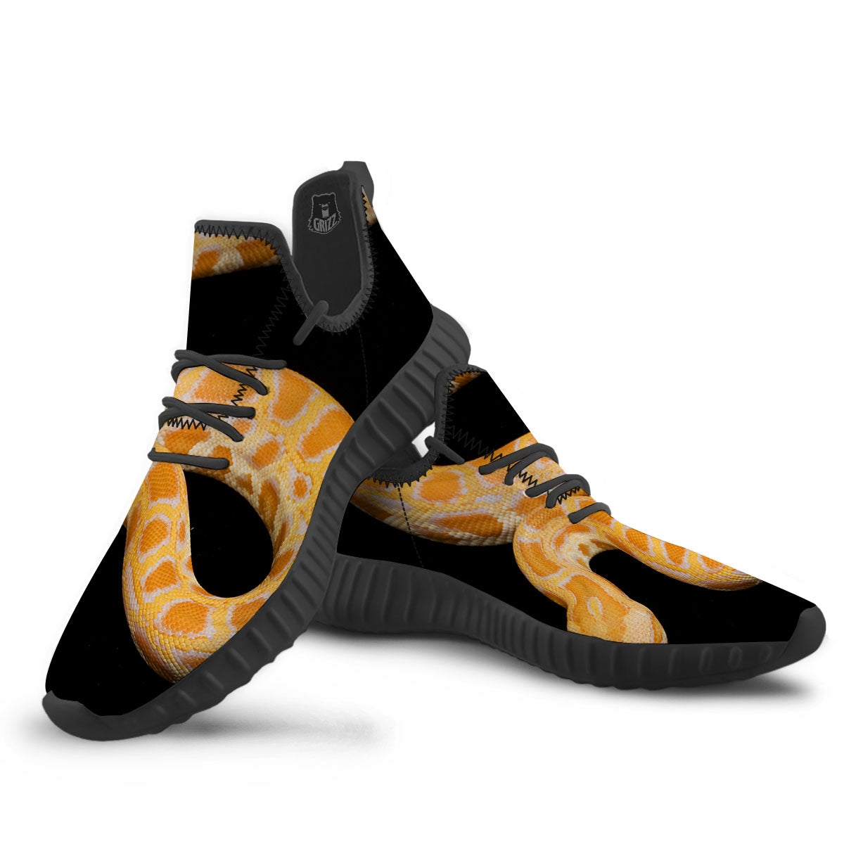 Snake Python Yellow Print Black Walking Shoes-grizzshop