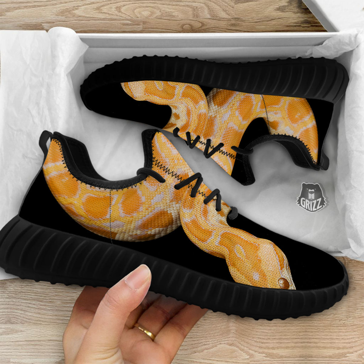 Snake Python Yellow Print Black Walking Shoes-grizzshop