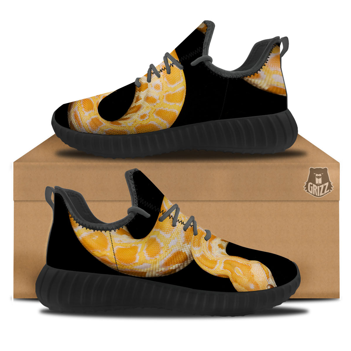 Snake Python Yellow Print Black Walking Shoes-grizzshop
