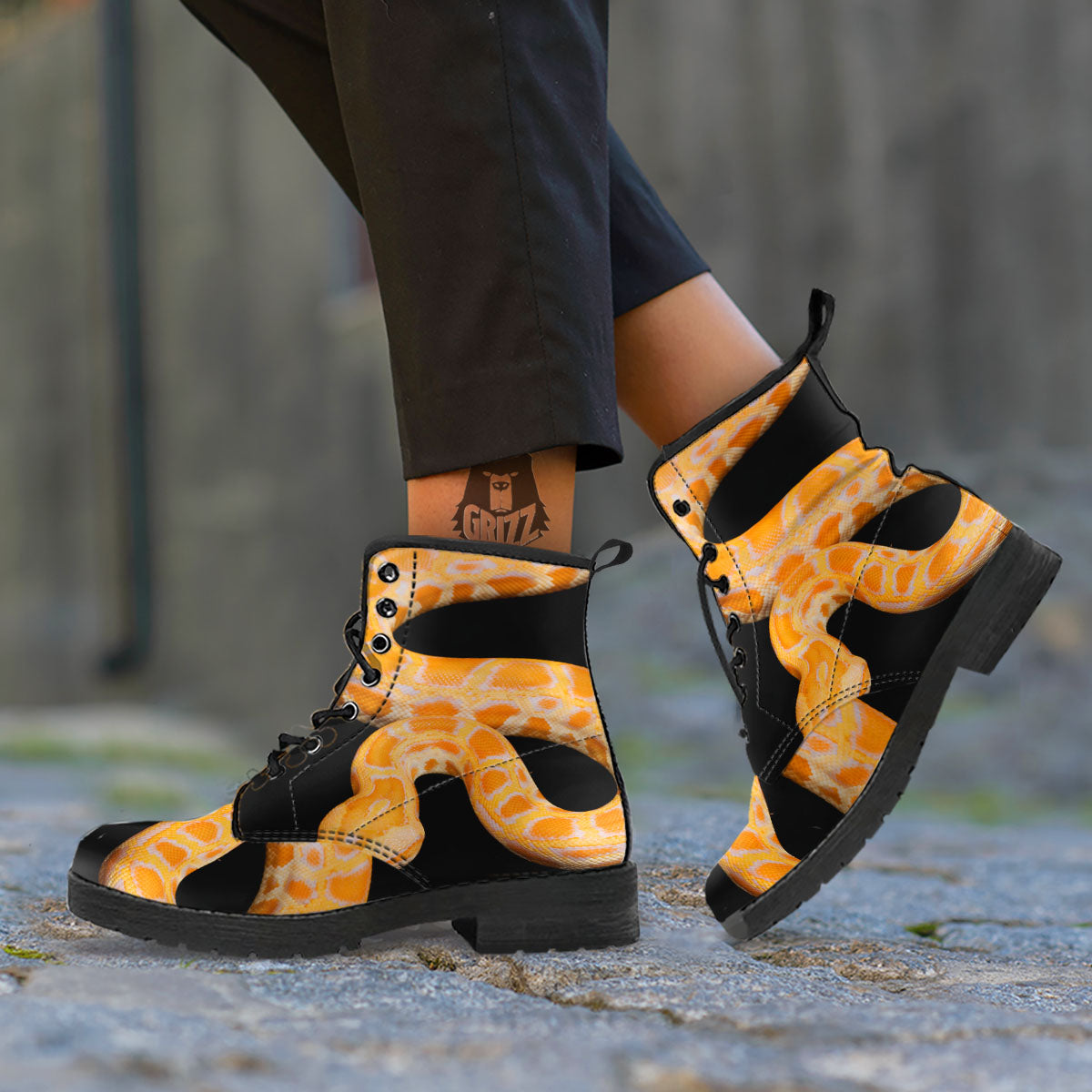 Snake Python Yellow Print Leather Boots-grizzshop