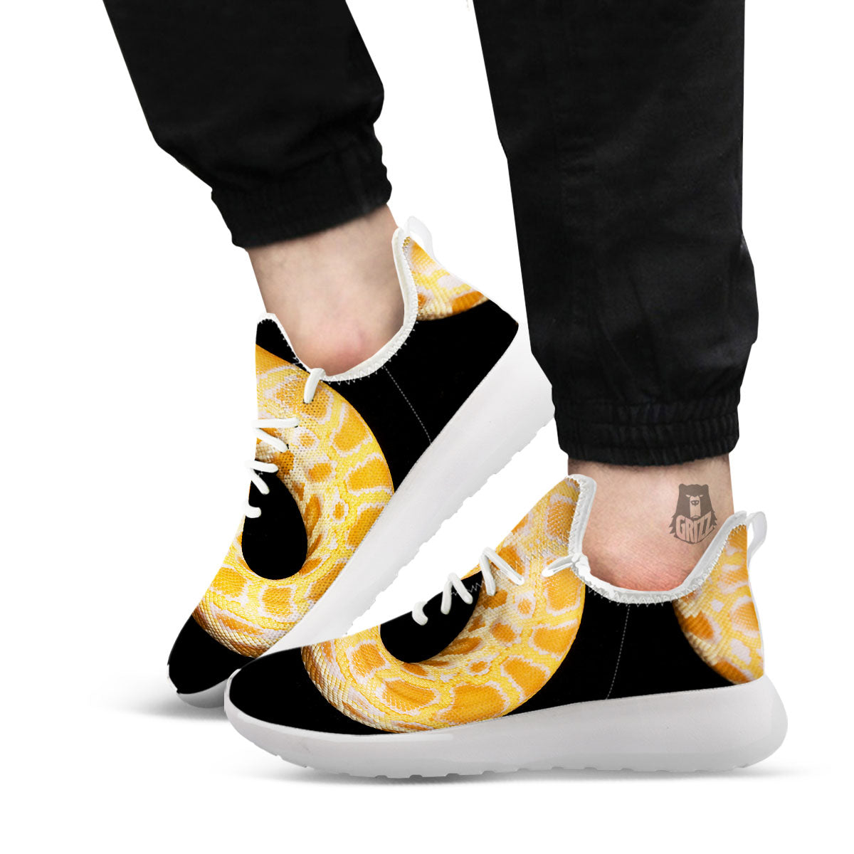 Snake Python Yellow Print White Athletic Shoes-grizzshop