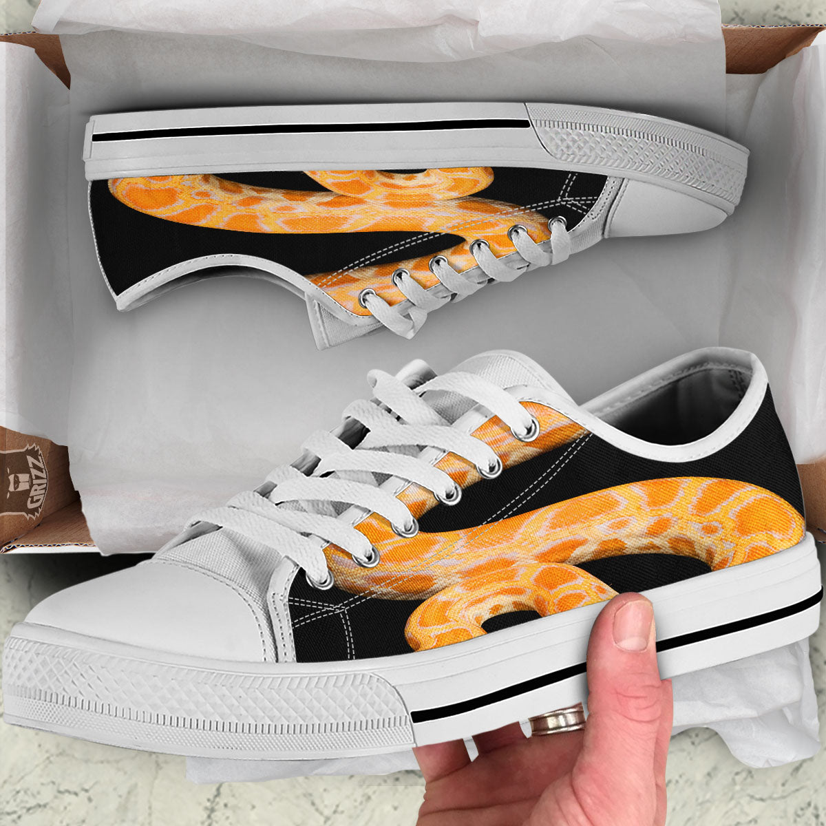 Snake Python Yellow Print White Low Top Shoes-grizzshop
