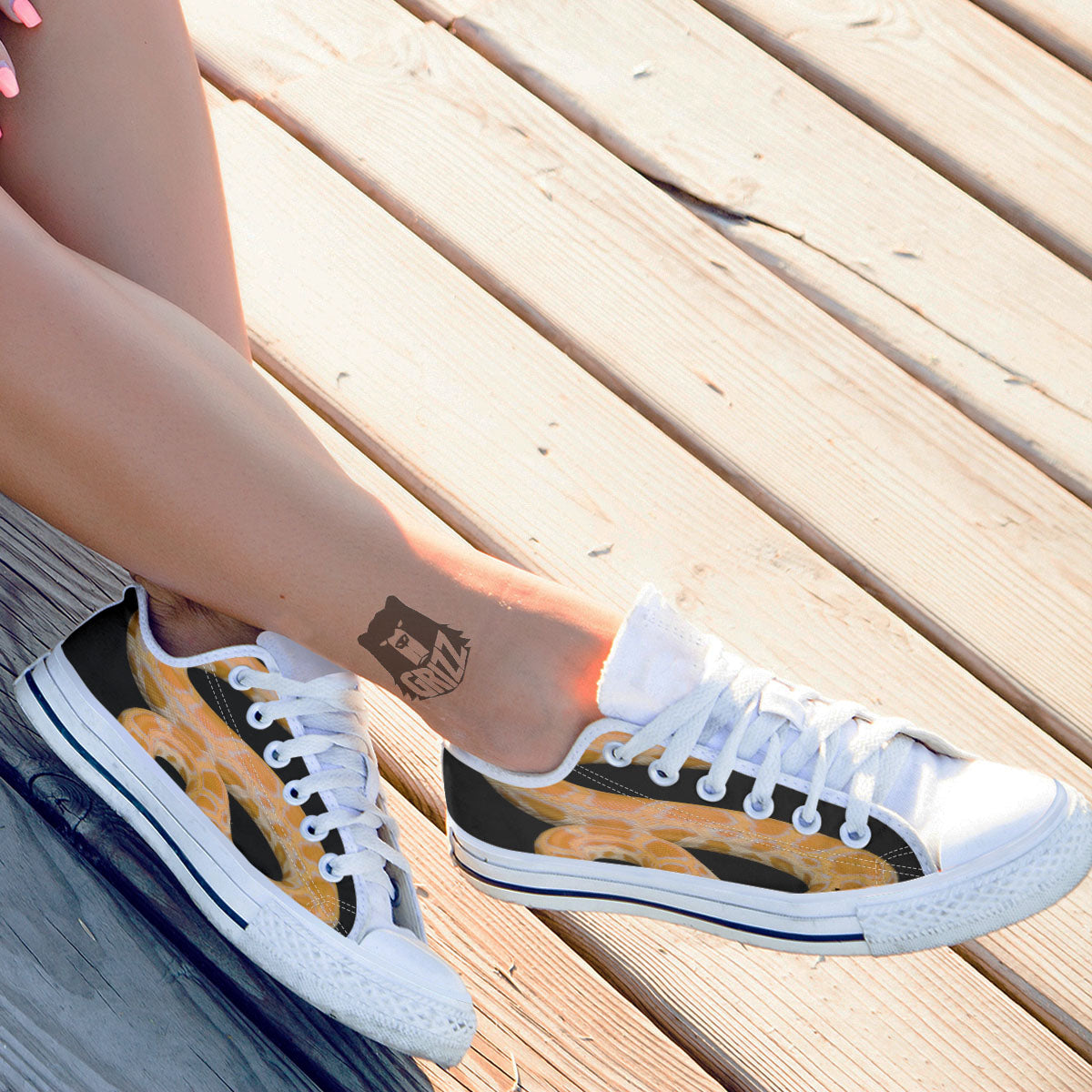 Snake Python Yellow Print White Low Top Shoes-grizzshop