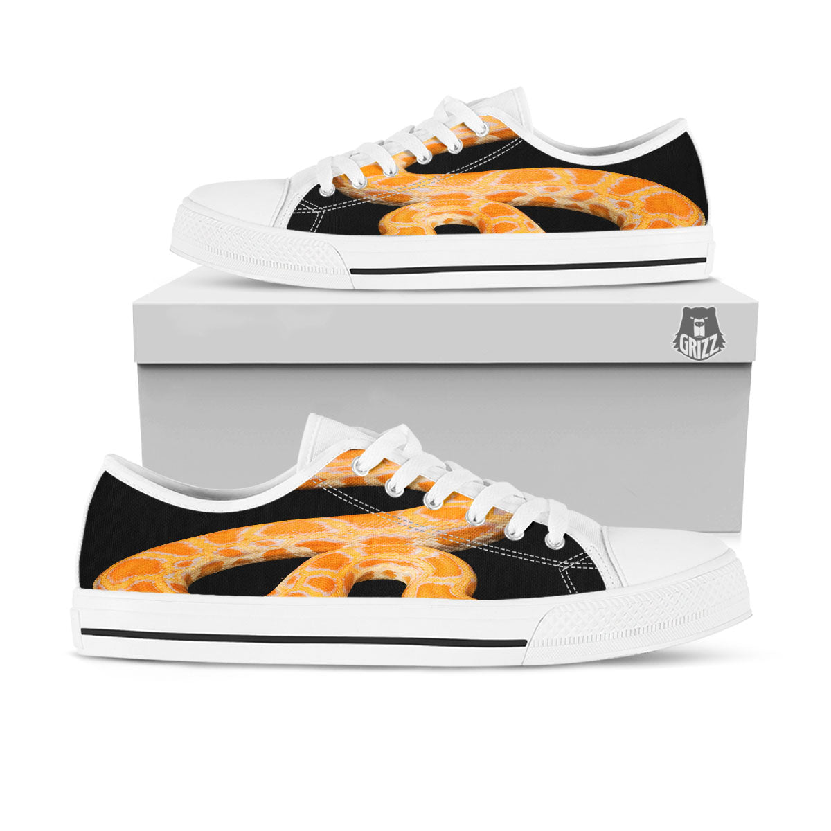 Snake Python Yellow Print White Low Top Shoes-grizzshop