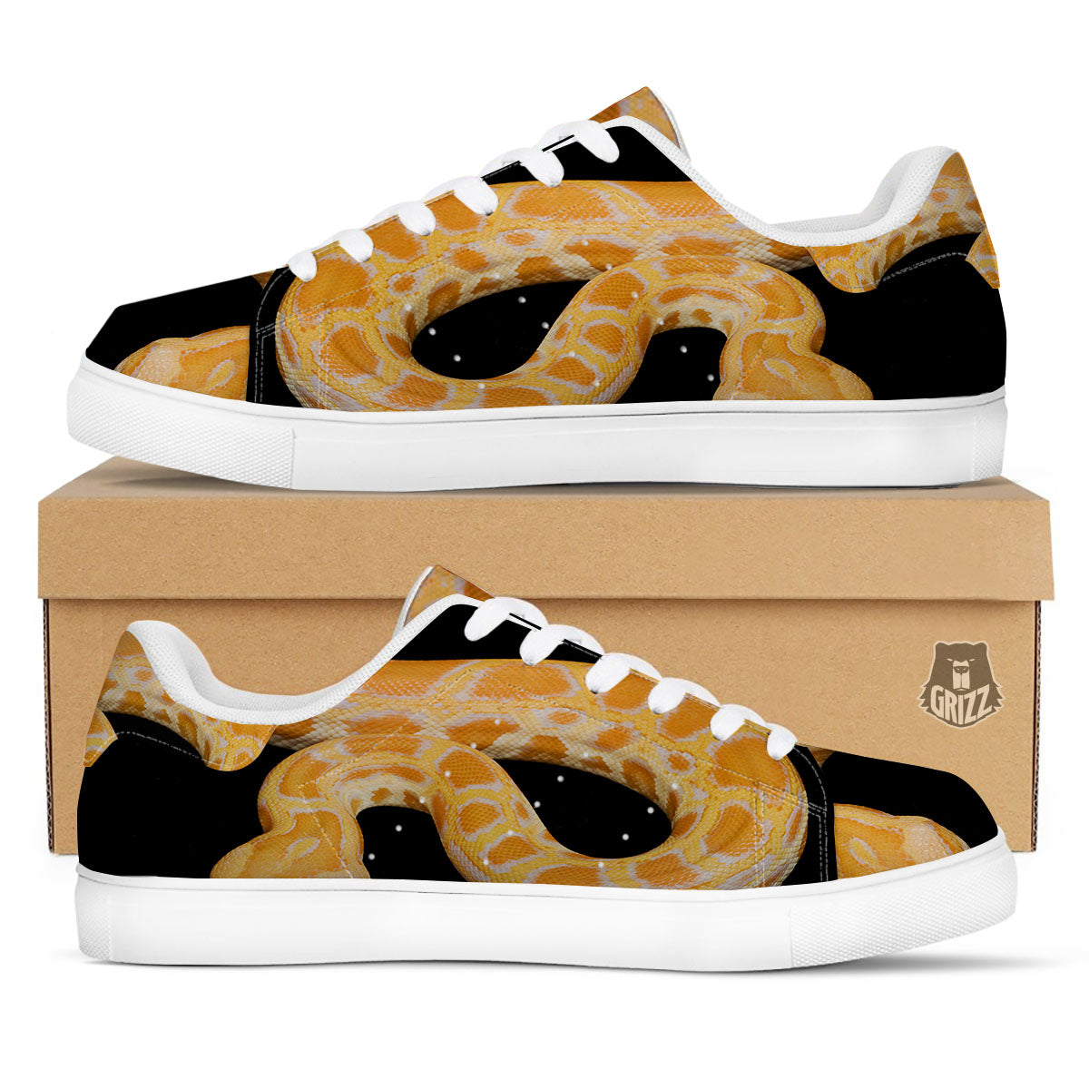 Snake Python Yellow Print White Low Top Sneakers-grizzshop