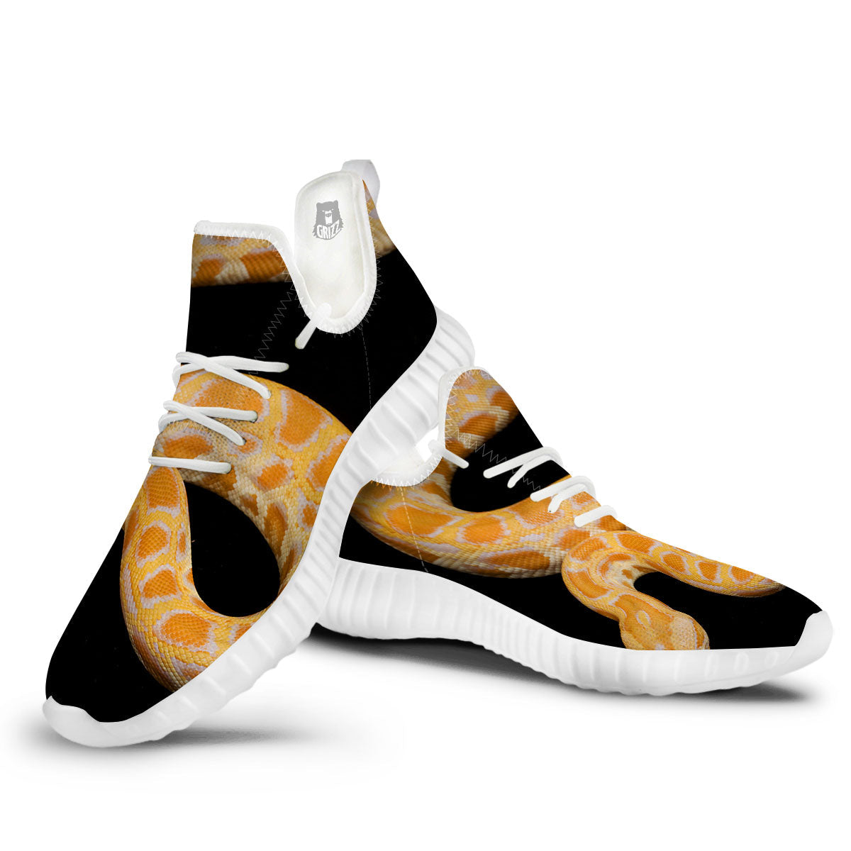Snake Python Yellow Print White Walking Shoes-grizzshop
