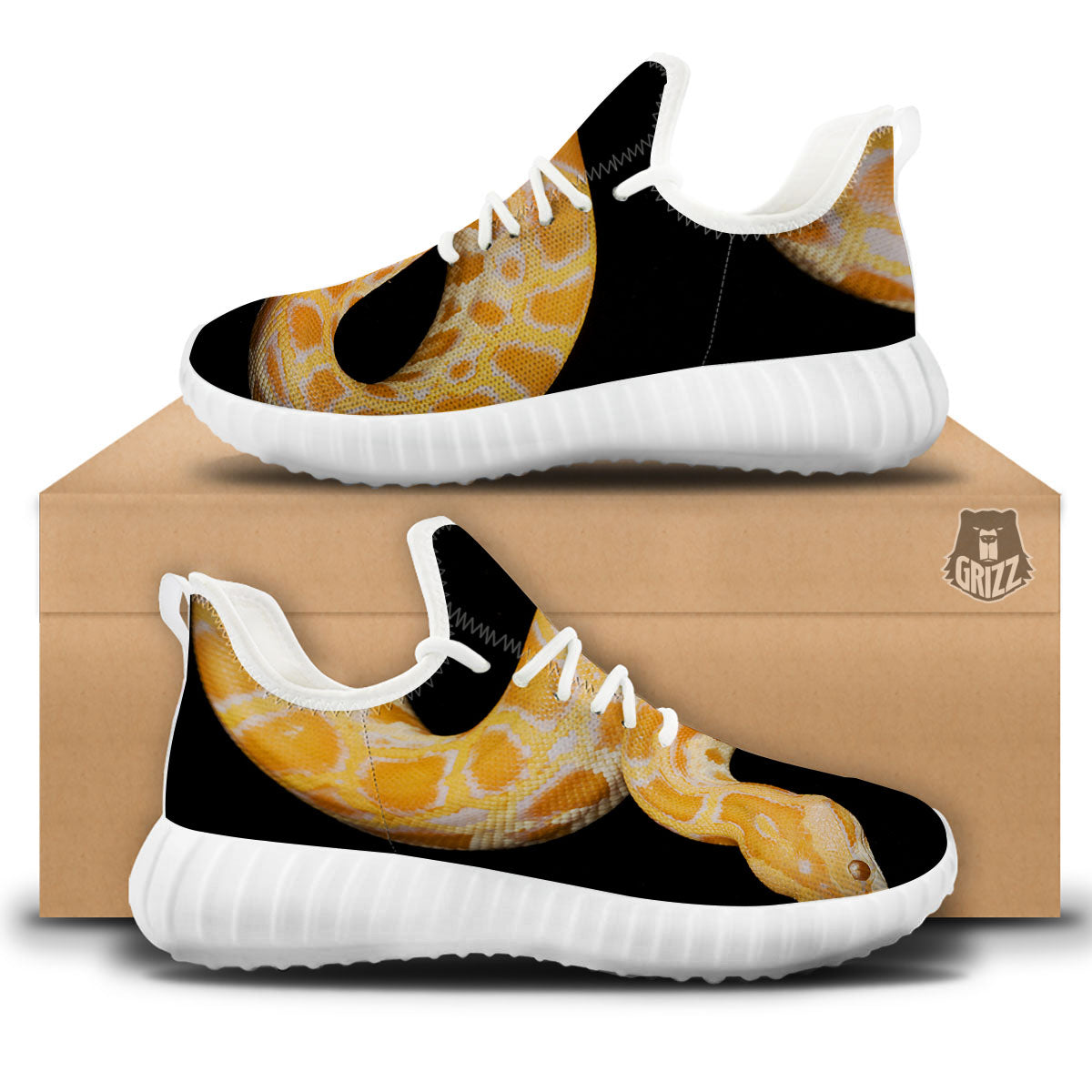 Snake Python Yellow Print White Walking Shoes-grizzshop