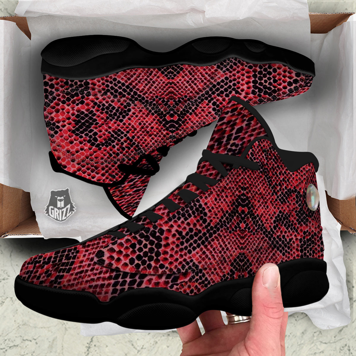 Snake Skin Black And Red Print Black Basketball Shoes-grizzshop