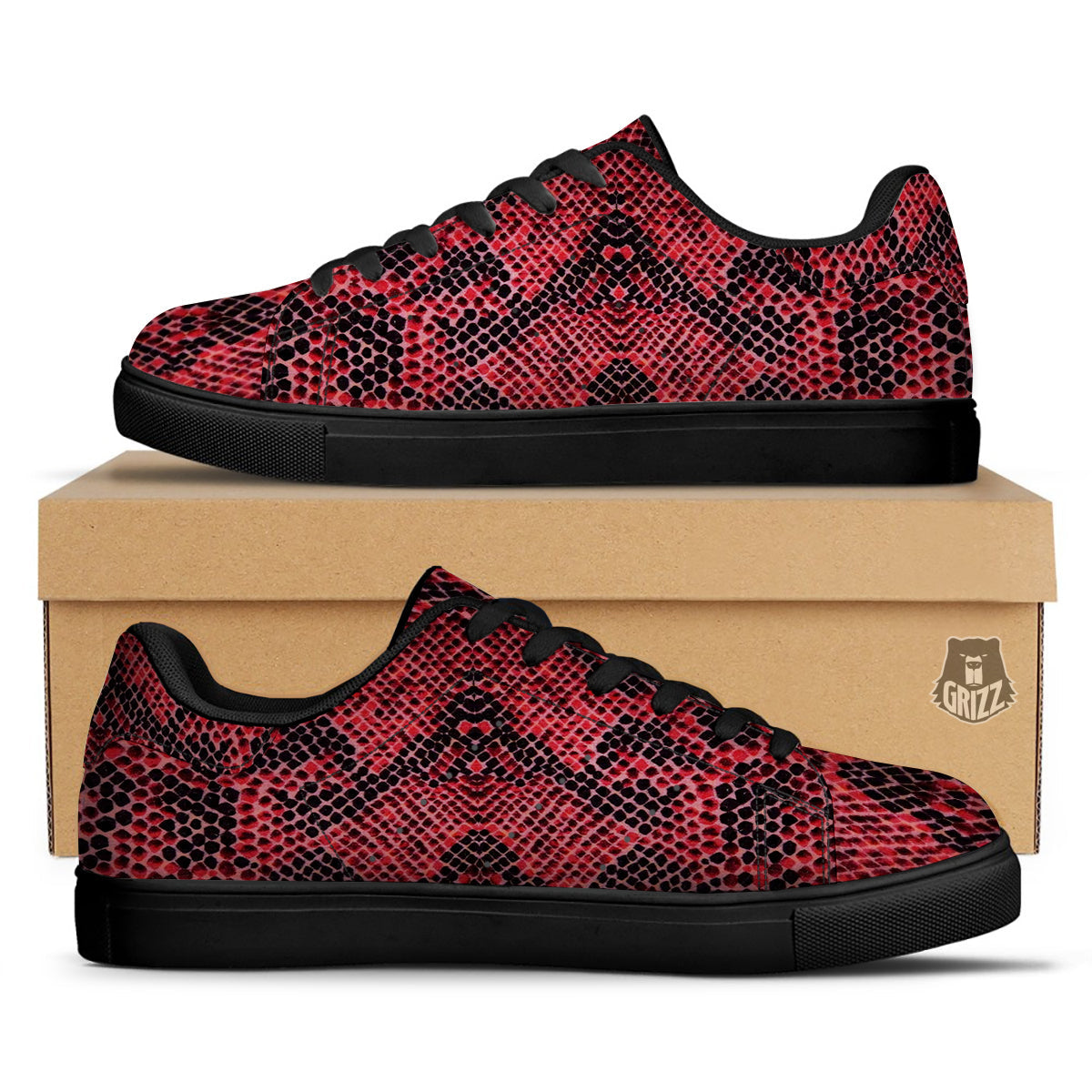 Snake Skin Black And Red Print Black Low Top Sneakers-grizzshop