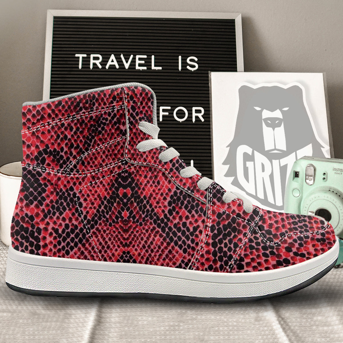 Snake Skin Black And Red Print High Top Sneakers-grizzshop