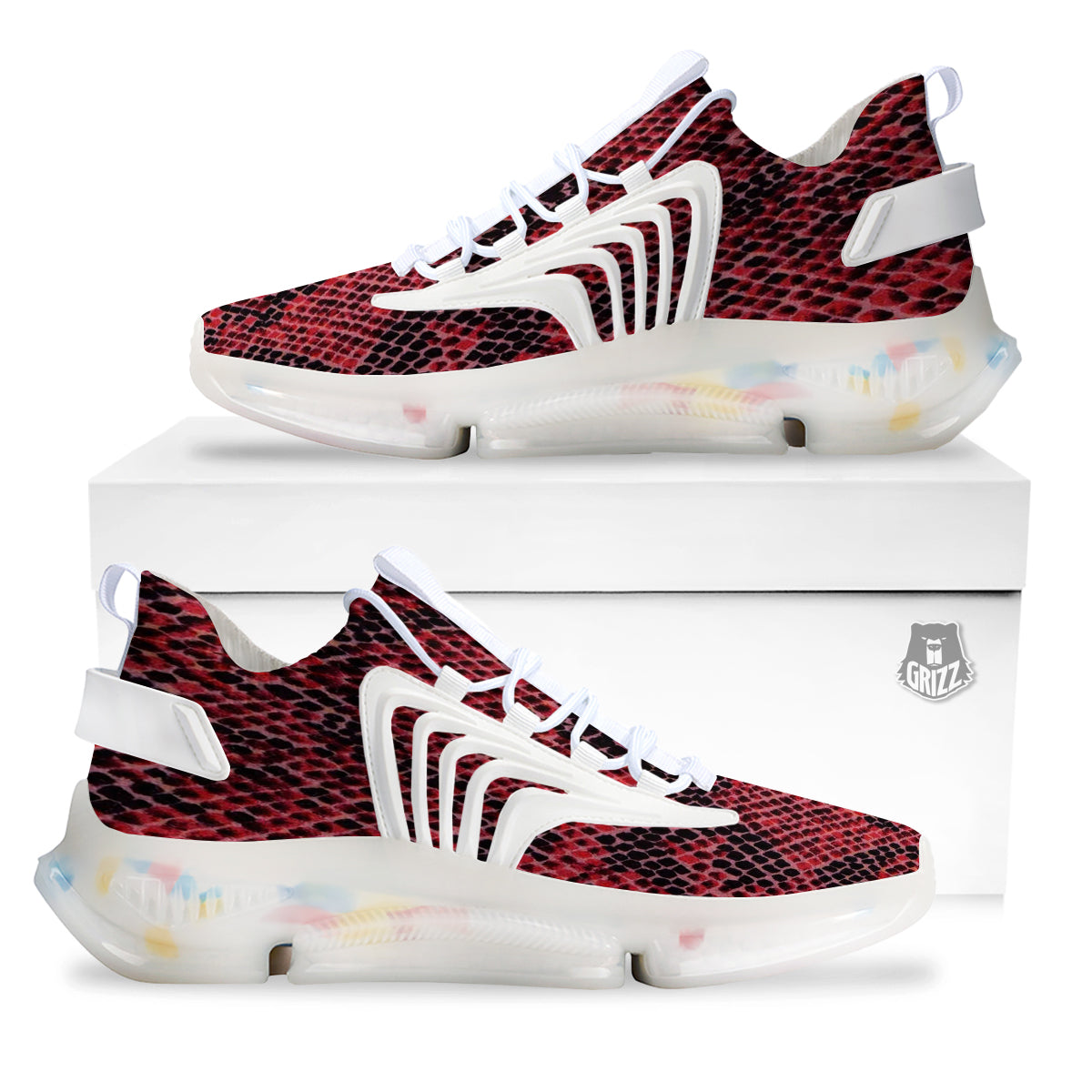 Snake Skin Black And Red Print White Gym Shoes-grizzshop
