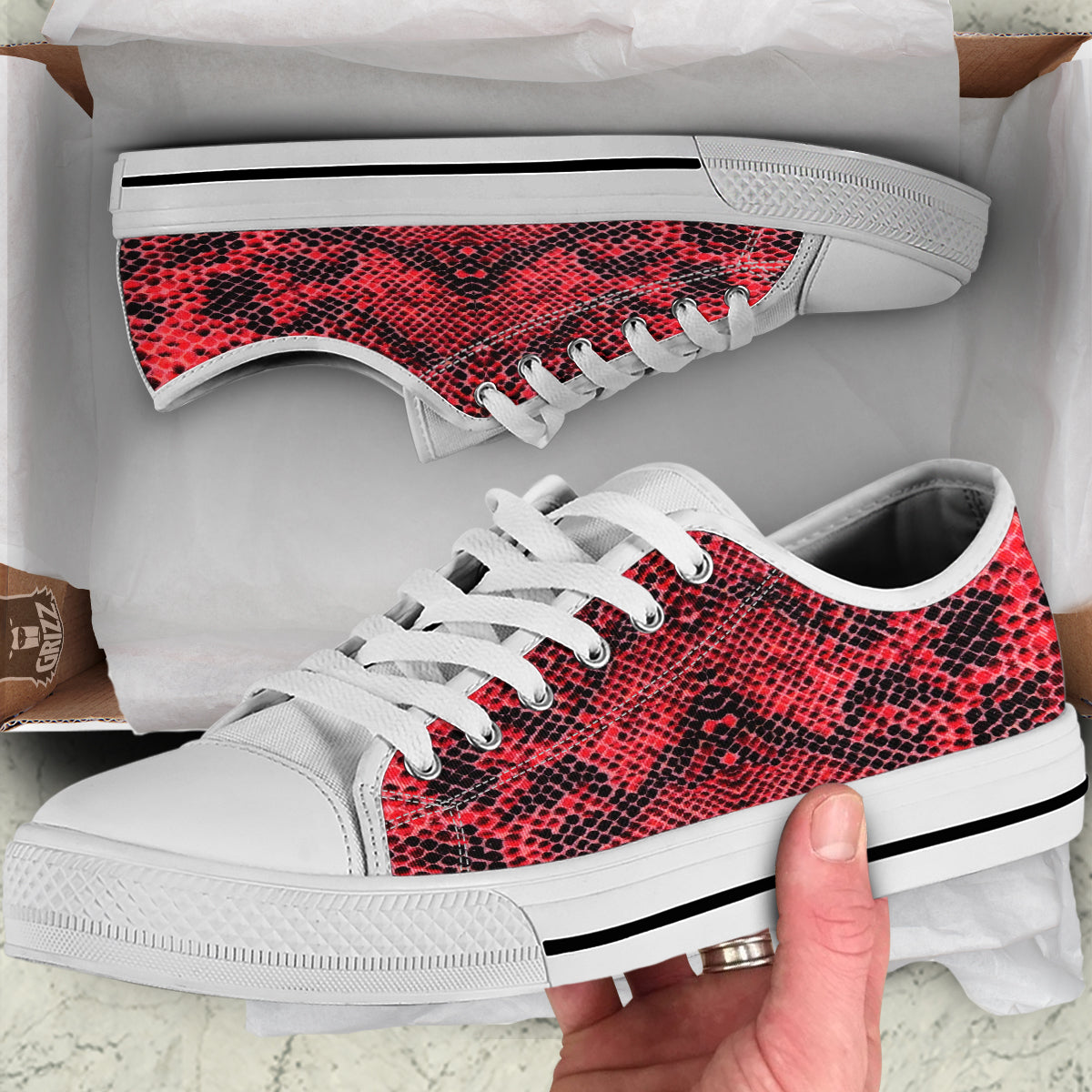 Snake Skin Black And Red Print White Low Top Shoes-grizzshop