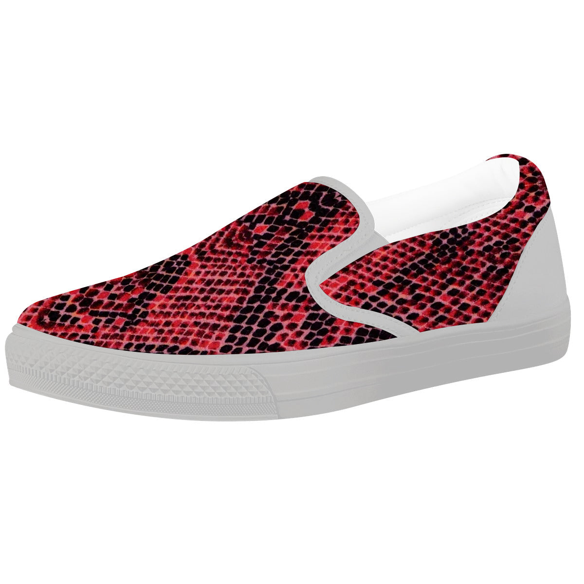 Snake Skin Black And Red Print White Slip On Shoes-grizzshop