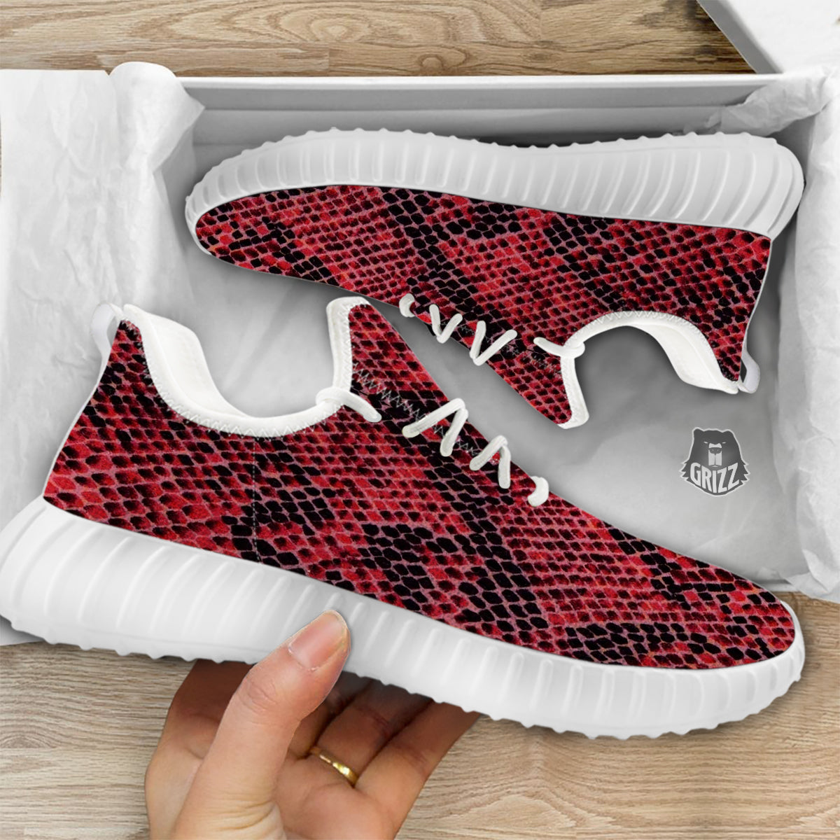 Snake Skin Black And Red Print White Walking Shoes-grizzshop