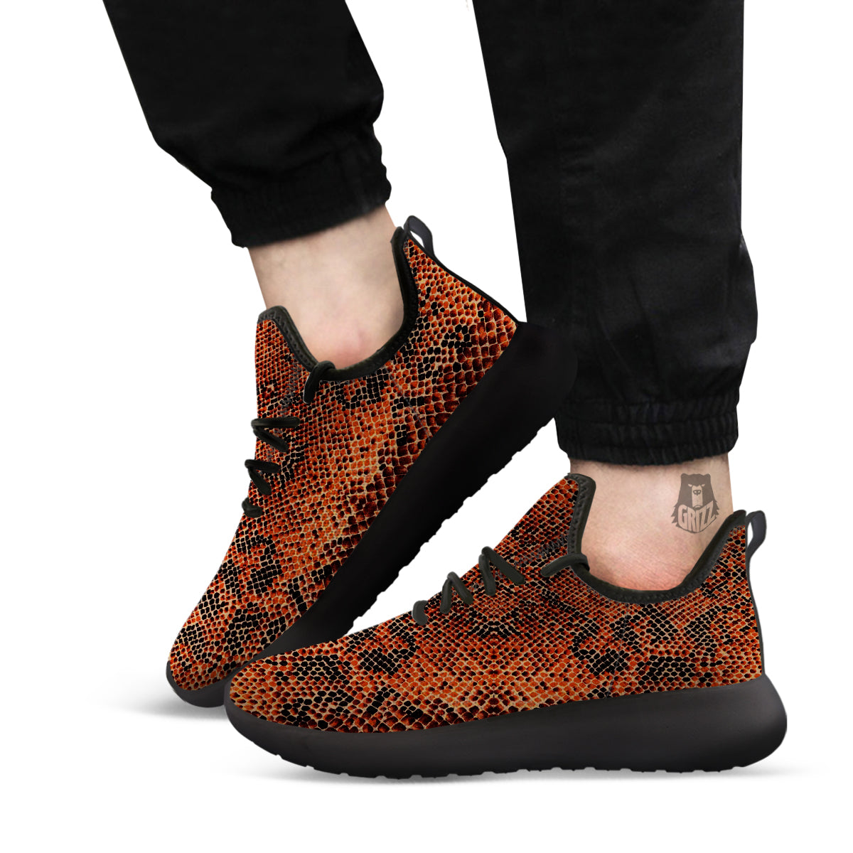 Snake Skin Black Orange Print Black Athletic Shoes-grizzshop