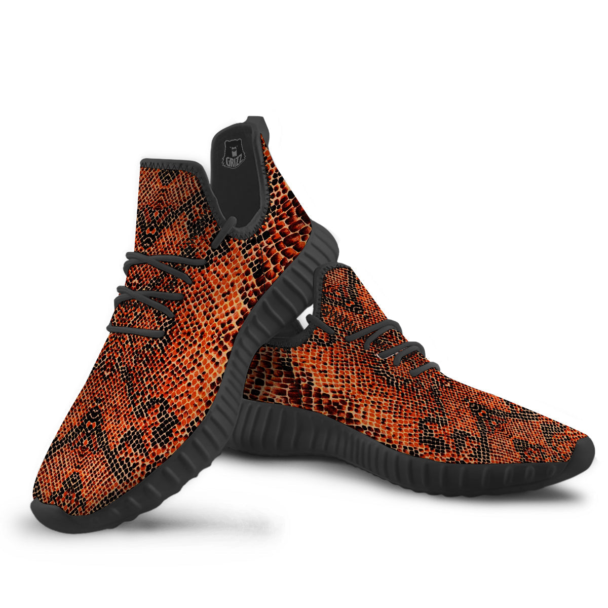Snake Skin Black Orange Print Black Walking Shoes-grizzshop