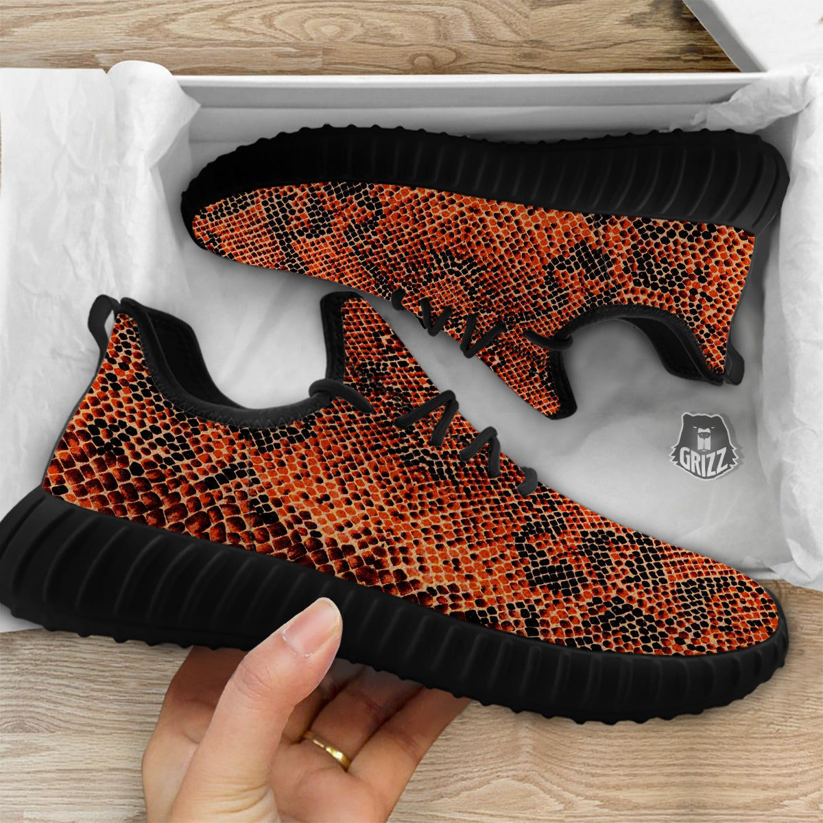 Snake Skin Black Orange Print Black Walking Shoes-grizzshop