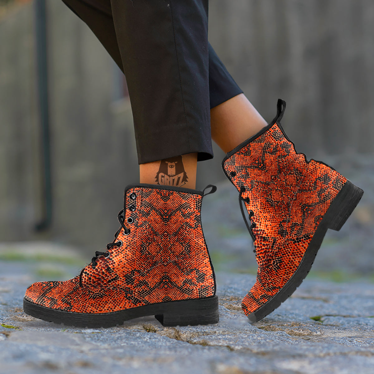 Snake Skin Black Orange Print Leather Boots-grizzshop