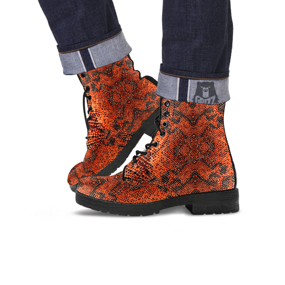 Snake Skin Black Orange Print Leather Boots-grizzshop